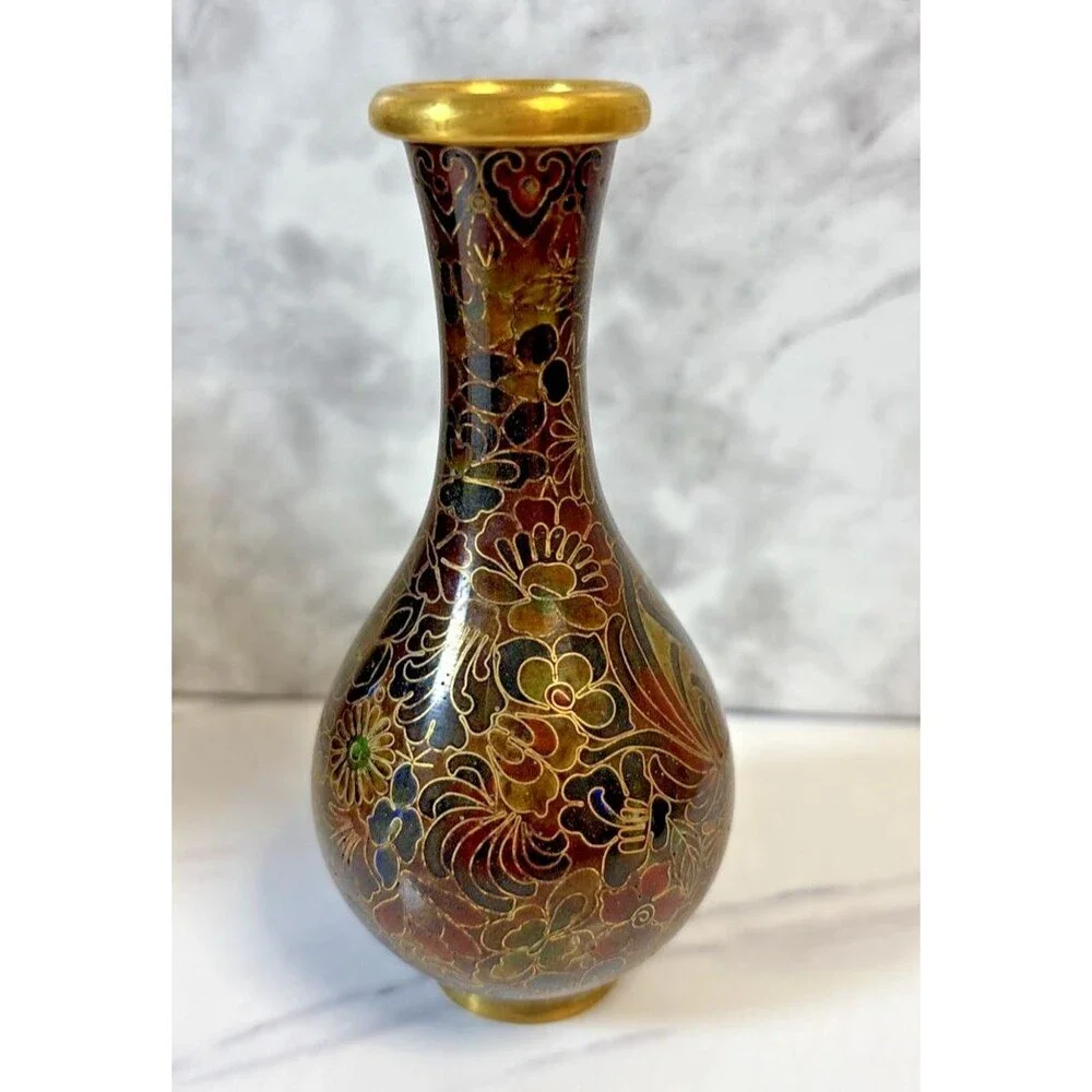 Cloisonné vase brown, burgundy, black floral 4